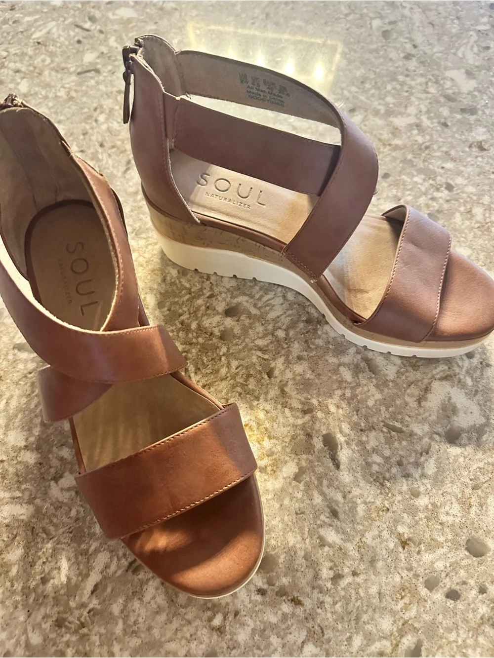 SOUL Naturalizer Brown Leather Platform Sandals - Women's Comfort Wedge 9w